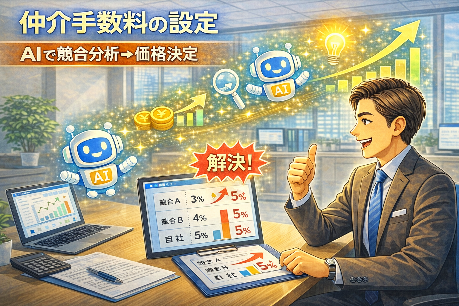 仲介手数料を分析して最適な料金を決める様子