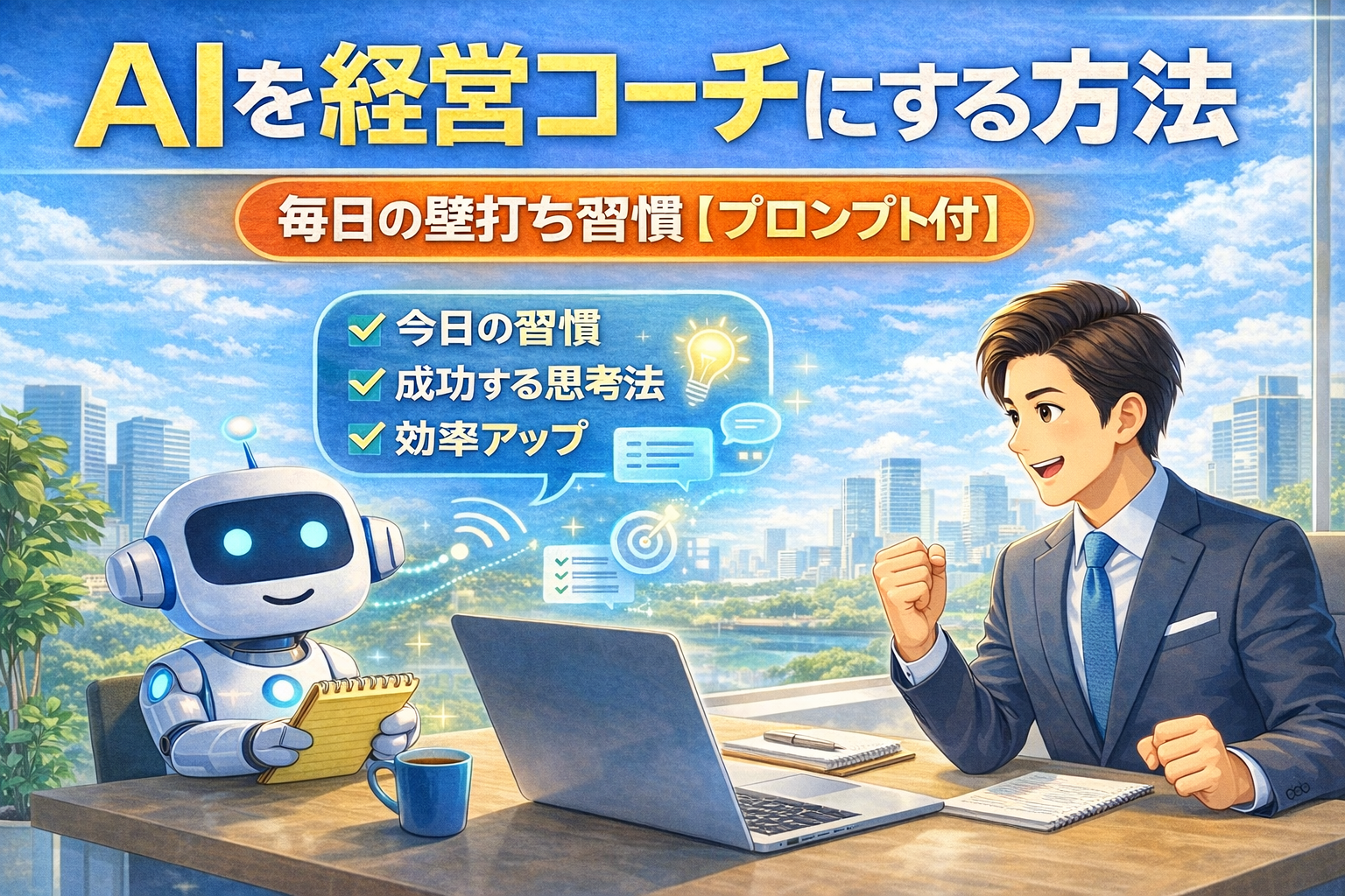 AIが経営をコーチしているイメージ