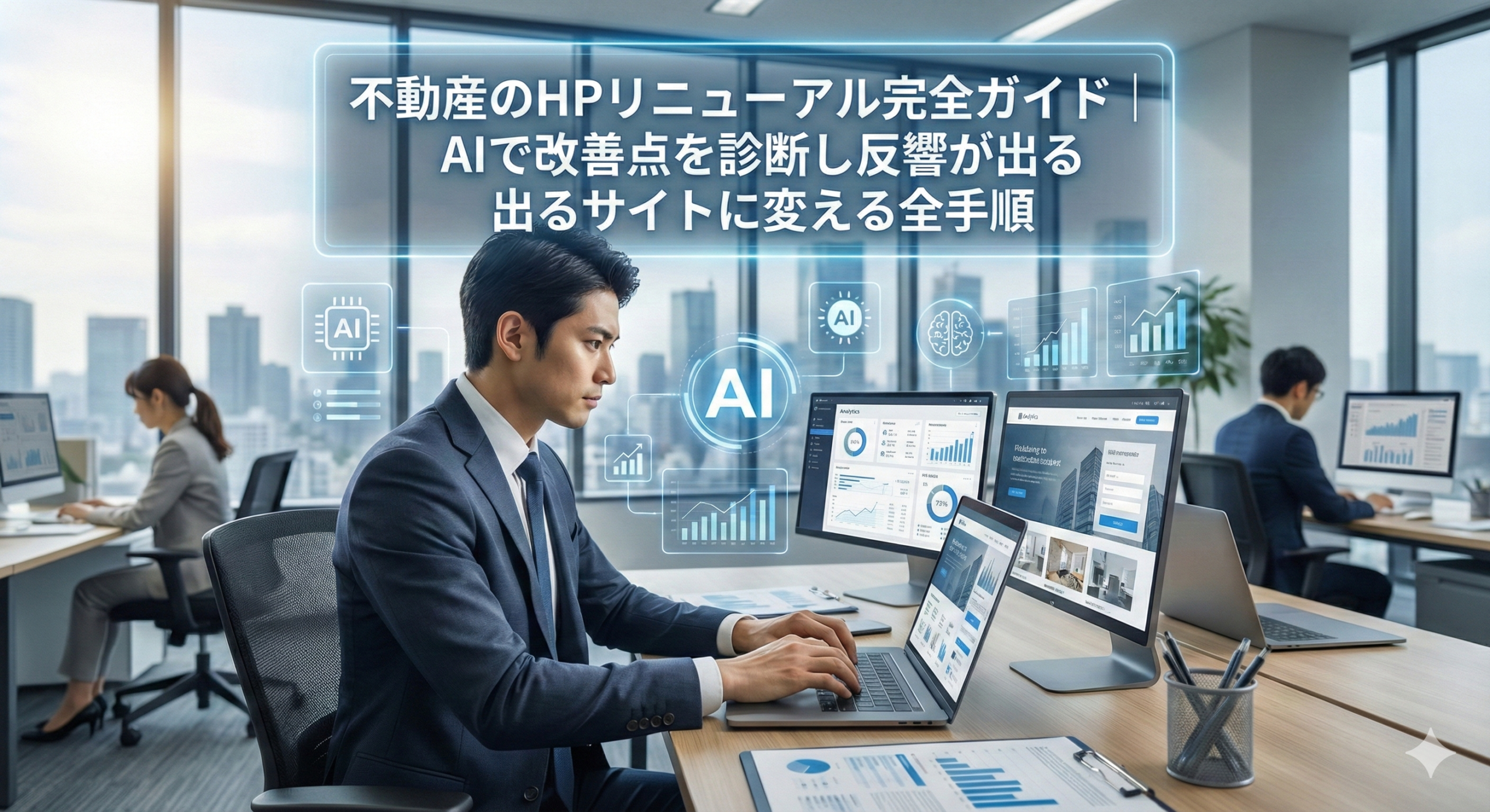 オフィスで若き不動産会社の社長がパソコンでサクサク仕事している様子