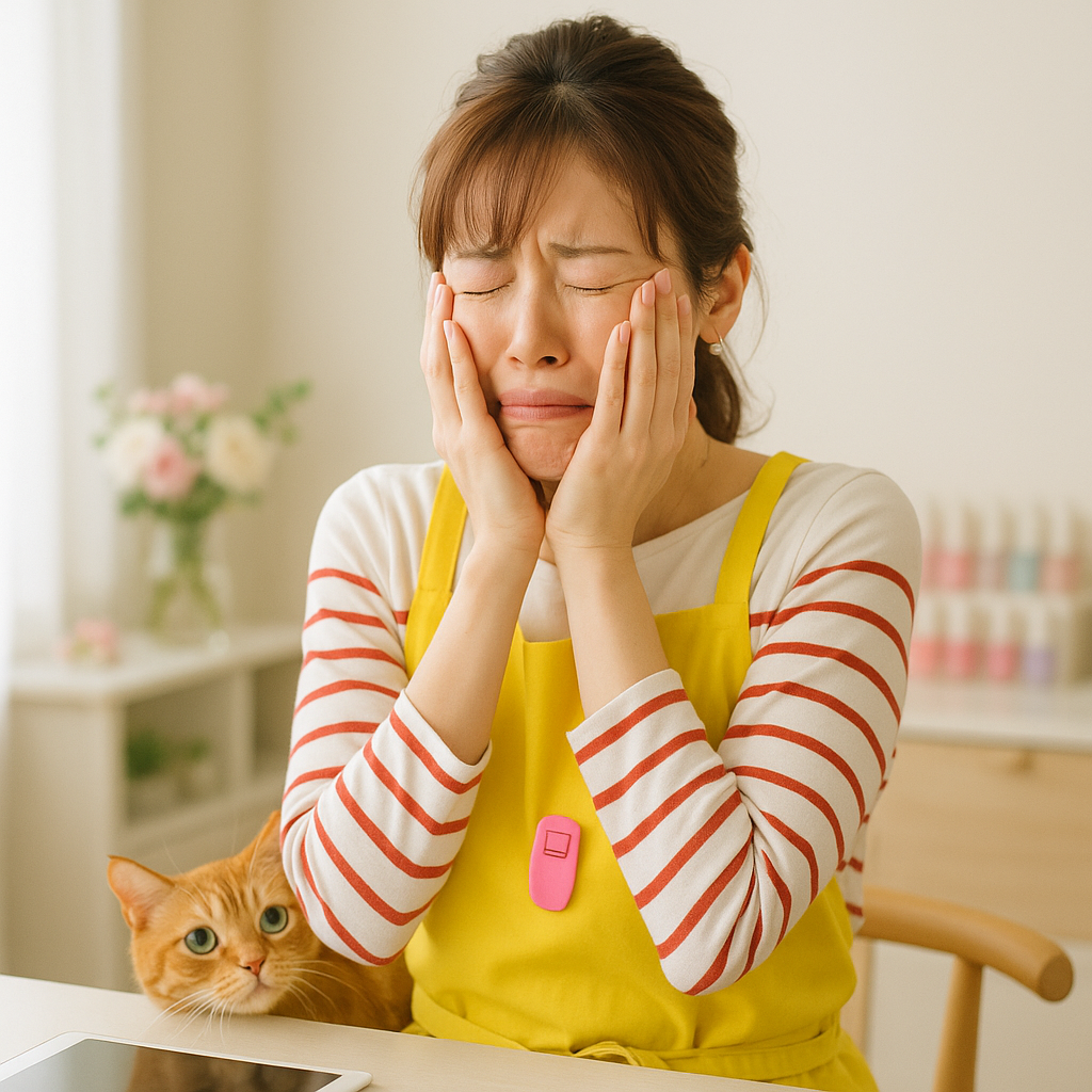 予約表とサンプルチップを前に、1日の組み立てを考えるみさき
