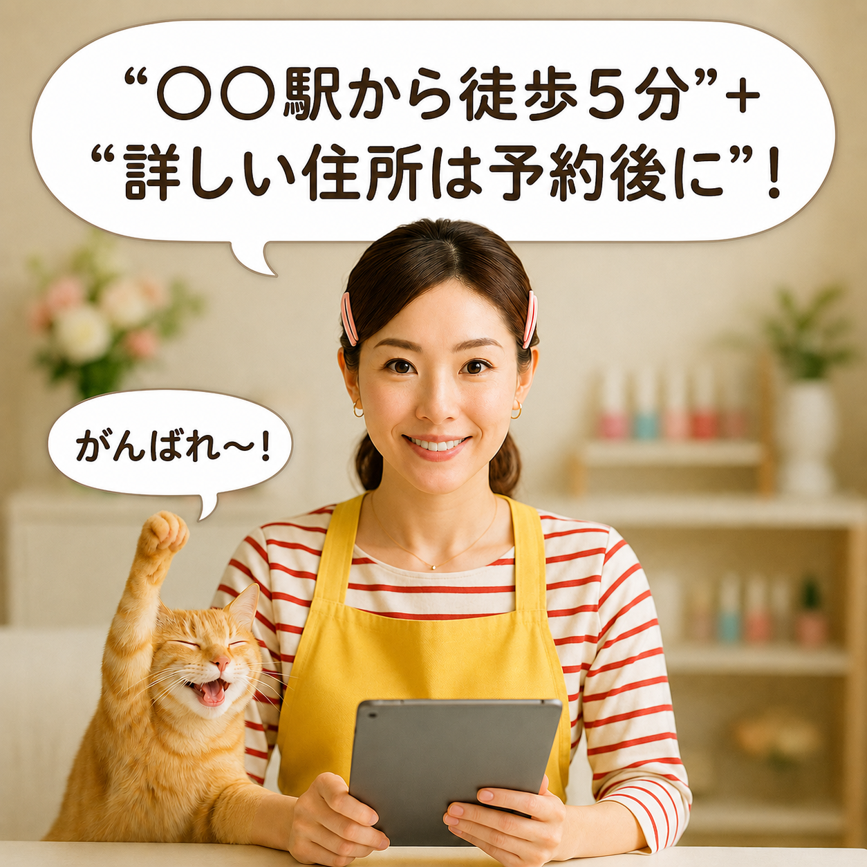 駅からの徒歩分数と、予約確定後の案内を書き出すみさき
