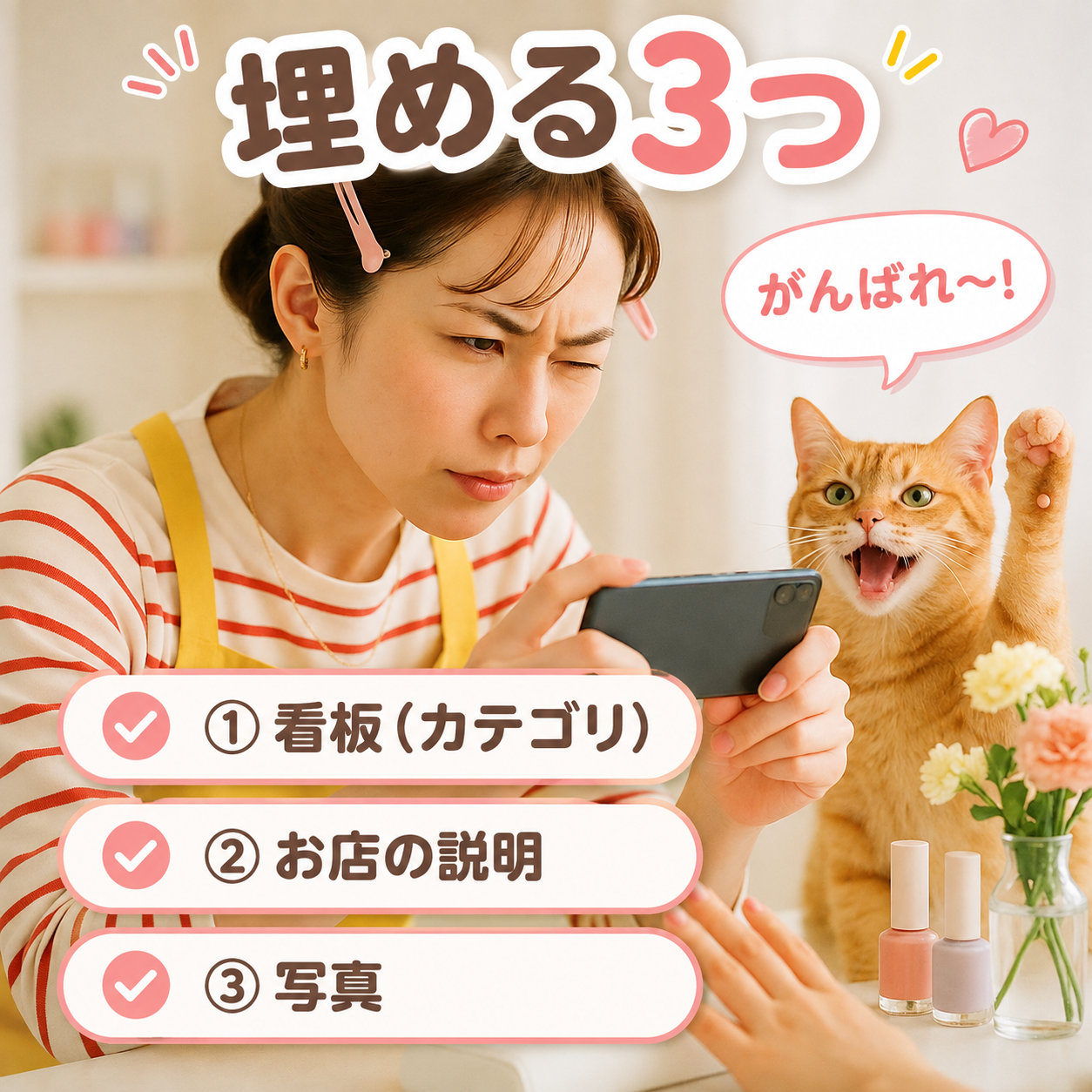 埋める3つを順番に確認しながら作業するみさき
