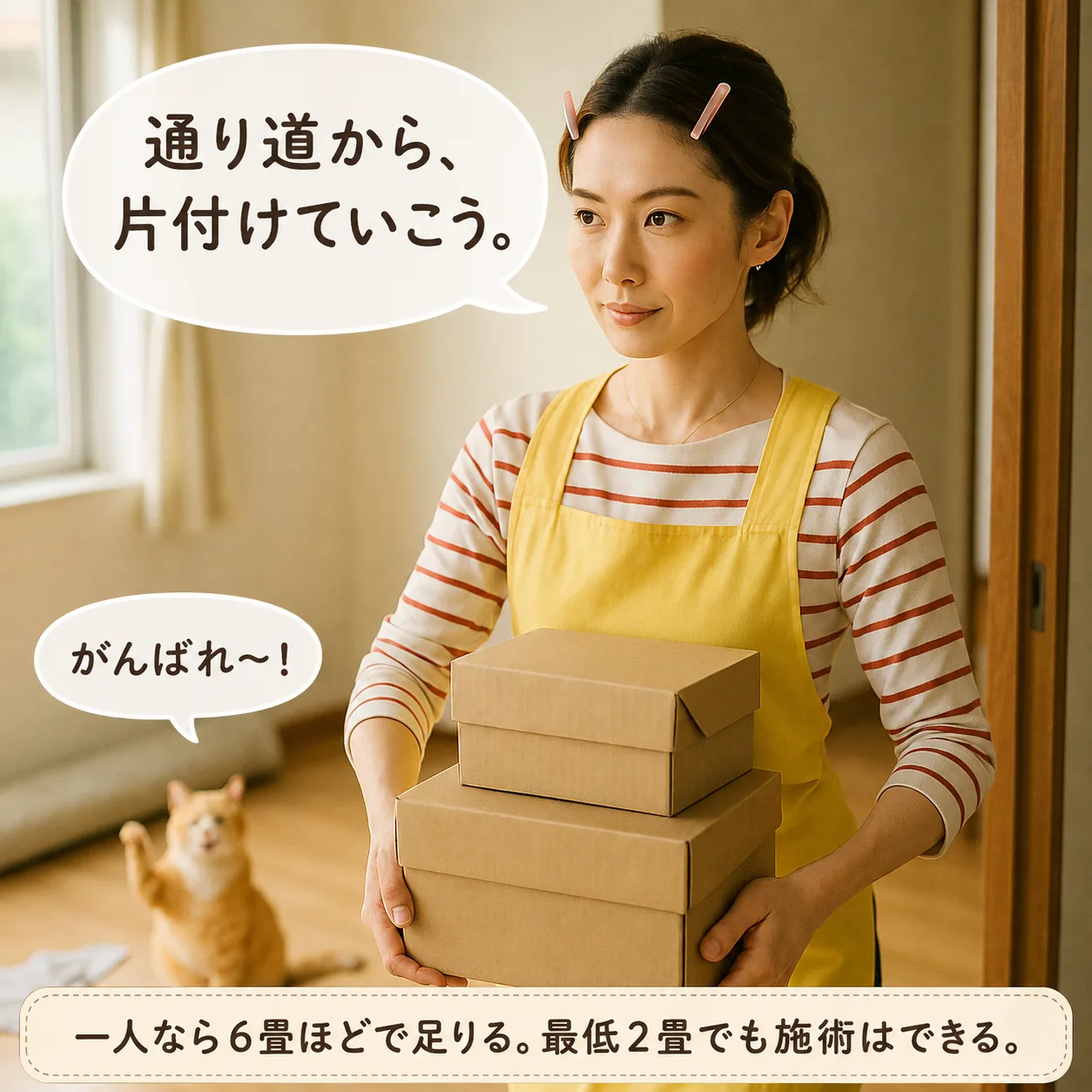 段ボールを運び出し、部屋を片付けるみさき