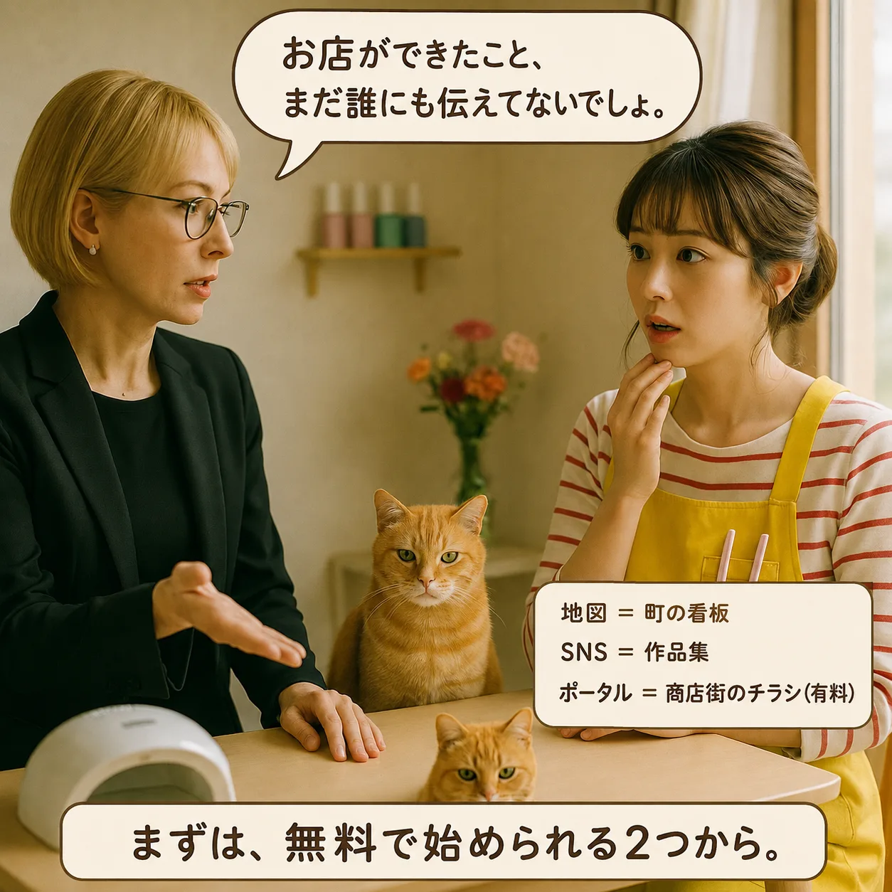 窓の外を指さし、問題は外にあると伝える涼子先輩