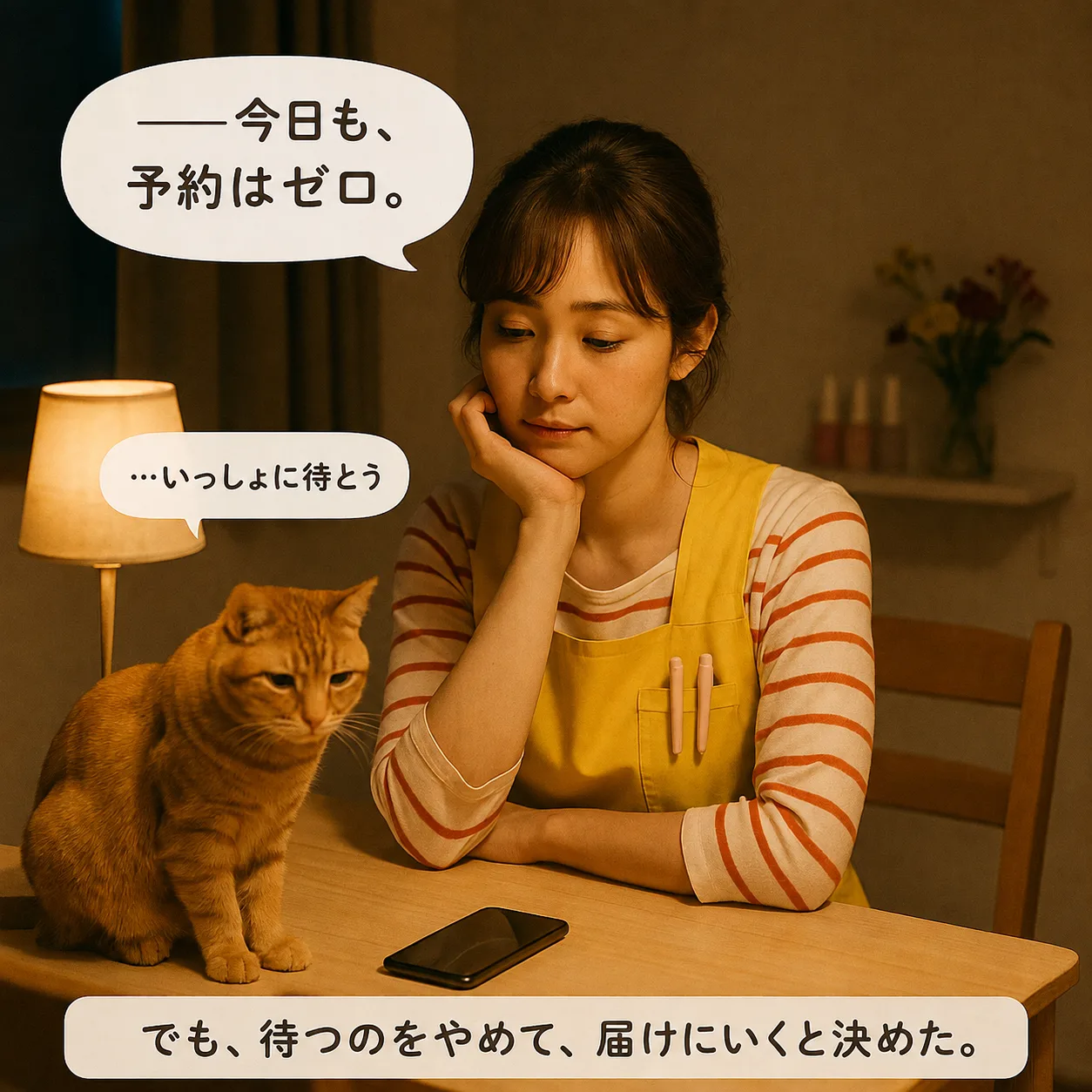 夜、静かなスマホを前に座るみさき