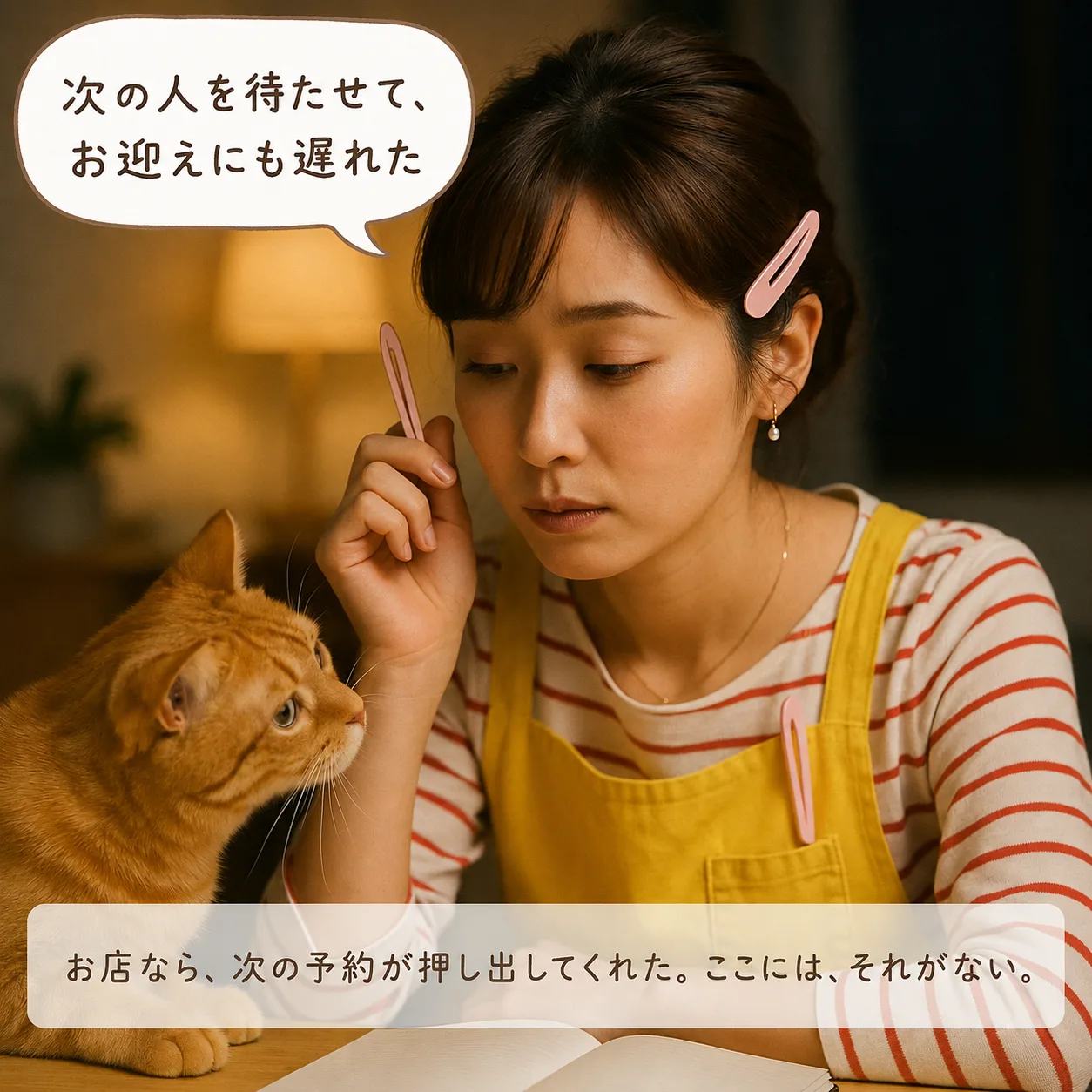 夜、予約表を前に頬杖をつくみさき
