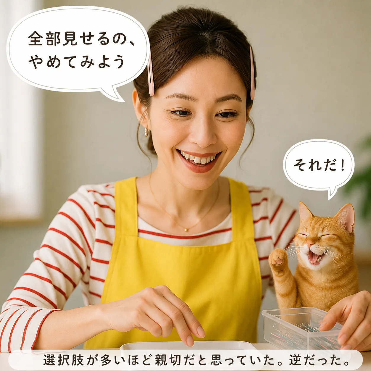 サンプルチップを3枚だけ残し、残りを箱にしまうみさき