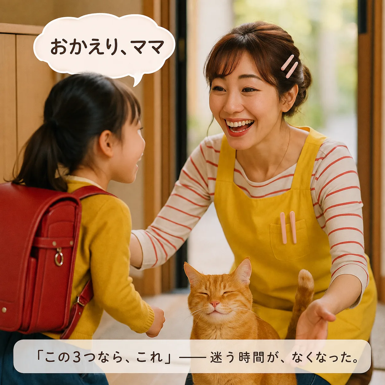 明るいうちに玄関で娘を迎えるみさき