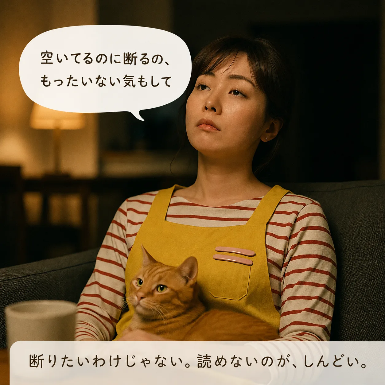 夜、片づけ終わったリビングのソファに沈み込むみさき