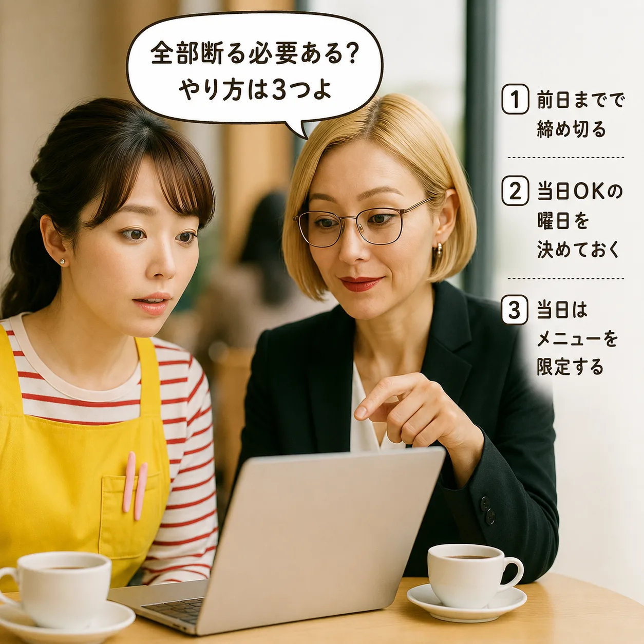 ノートパソコンを指差して選択肢を示す涼子先輩