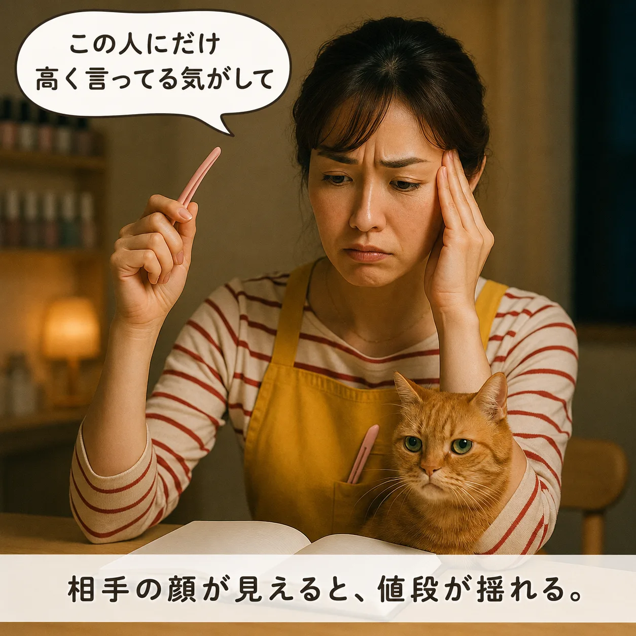 夜の作業台で頭を抱えるみさき