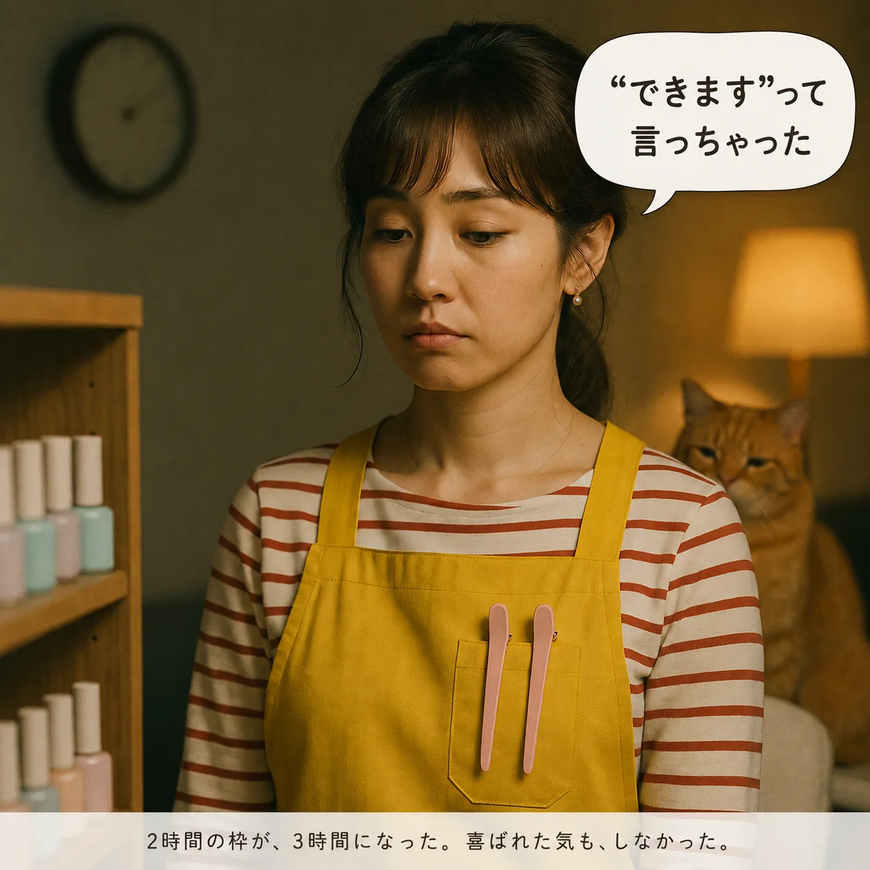 夜、棚のジェルボトルを眺めて立ち尽くすみさき