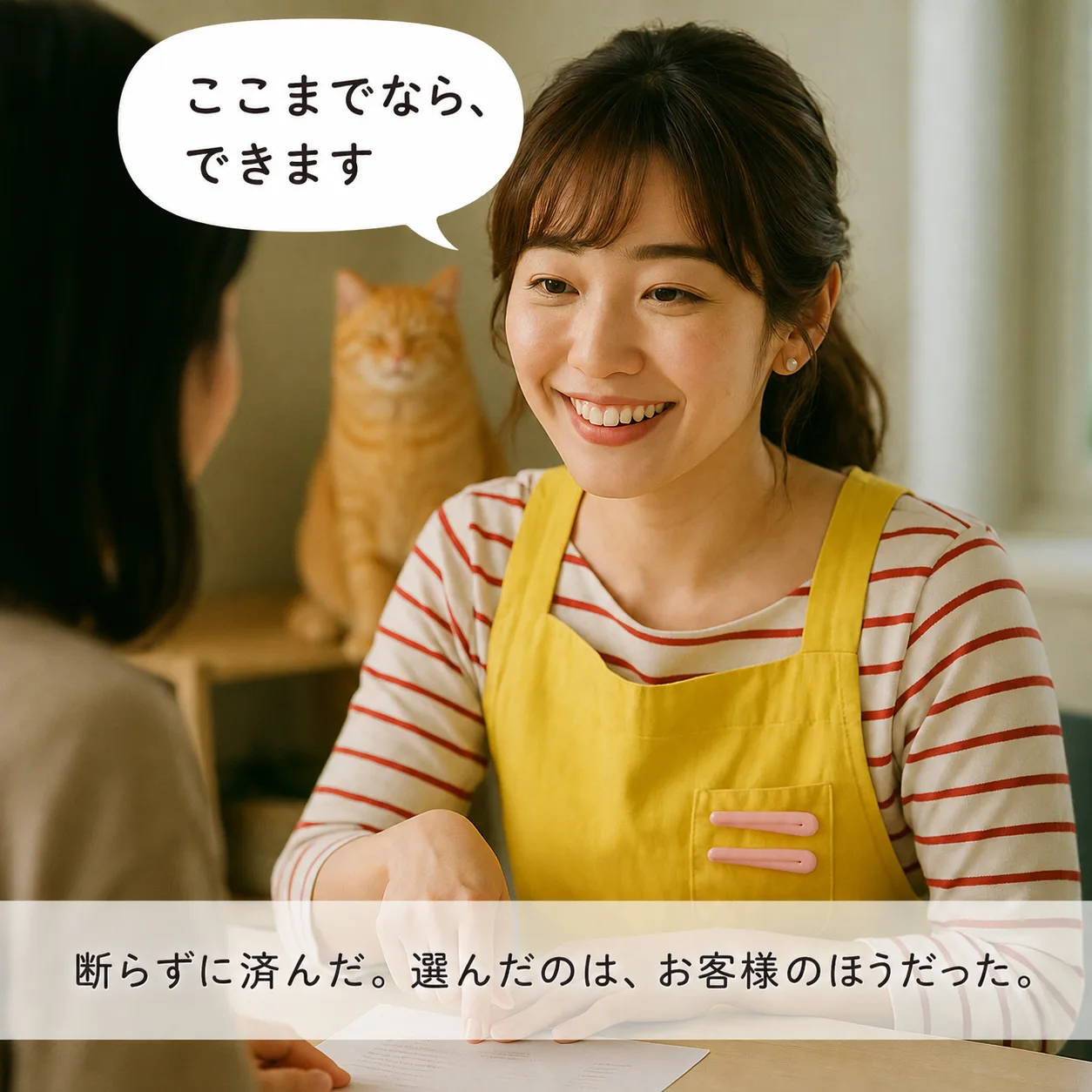 お客様と一緒にメニュー表を覗き込むみさき