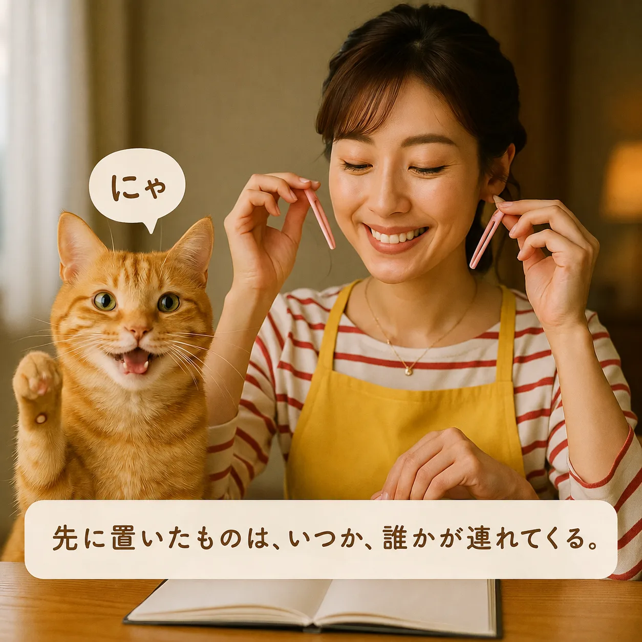 ノートに新しいページができた・あんずが覗き込む