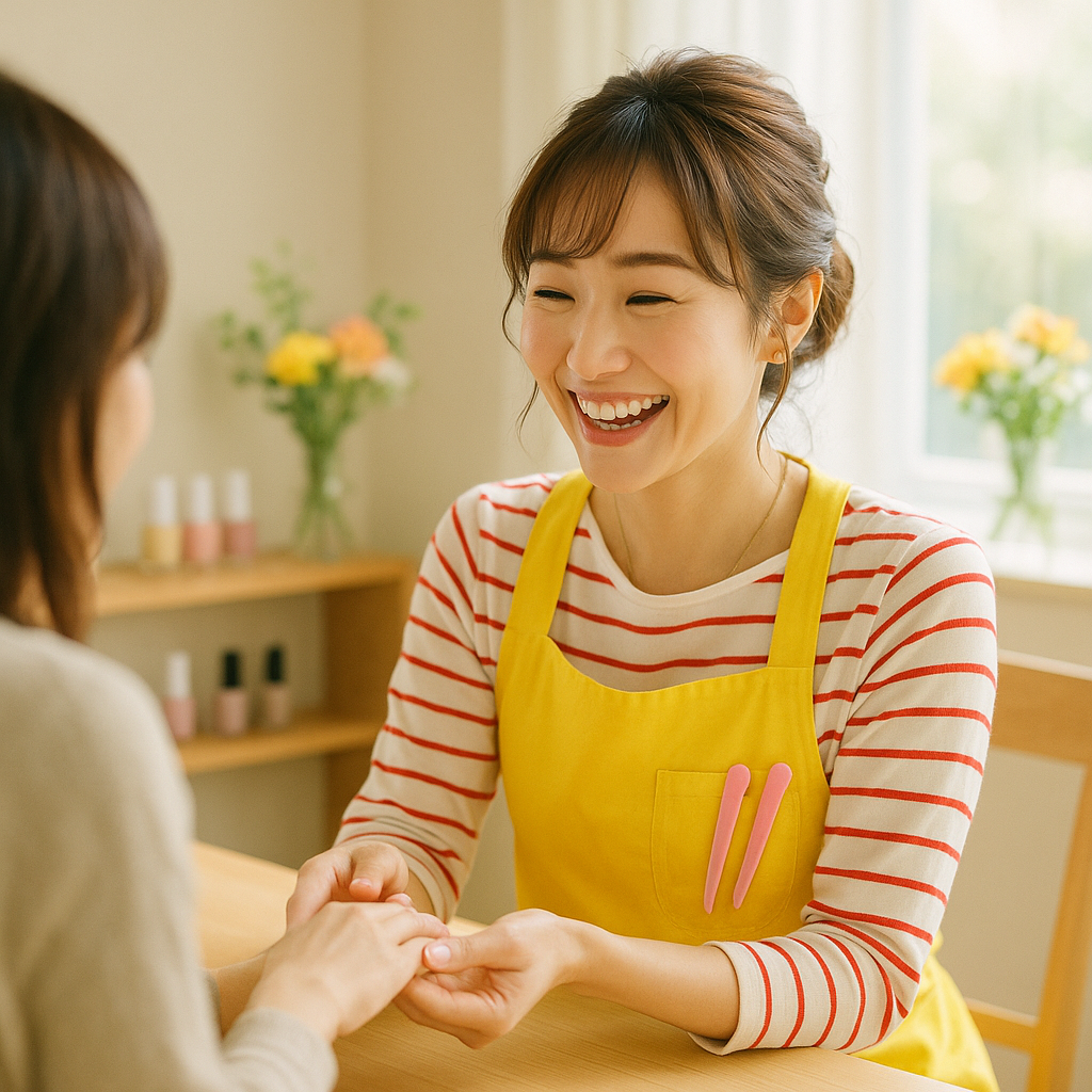 施術後に手を見せ合って笑うみさきとお客様