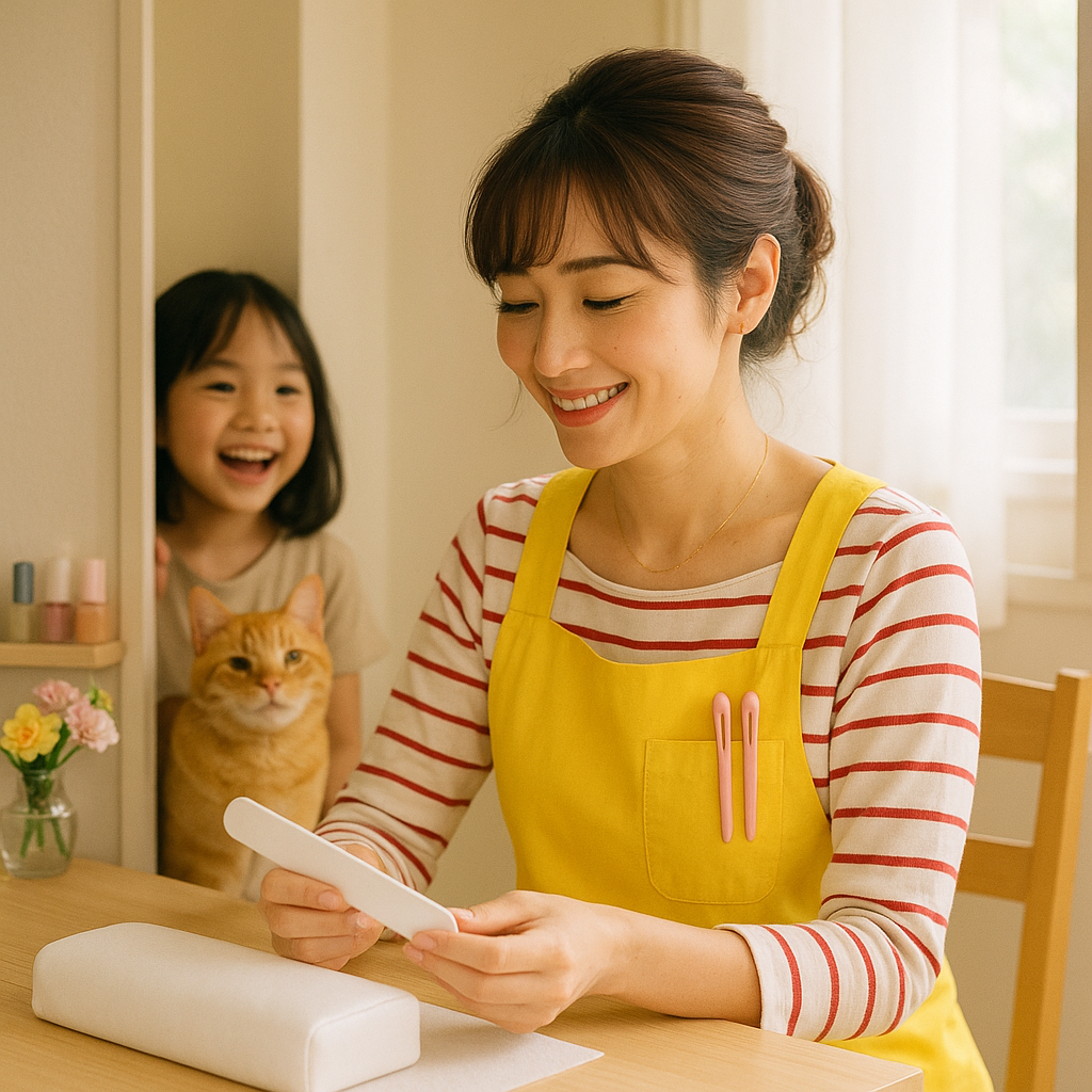 母親が働く姿を戸口から見つめる娘のひなた