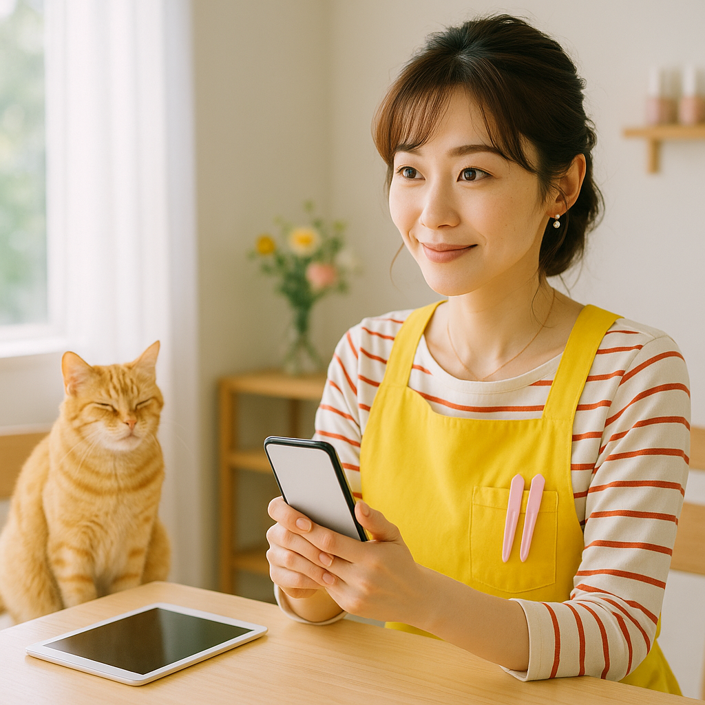 スマートフォンを手に、お店を知ってもらう方法を考えるみさき