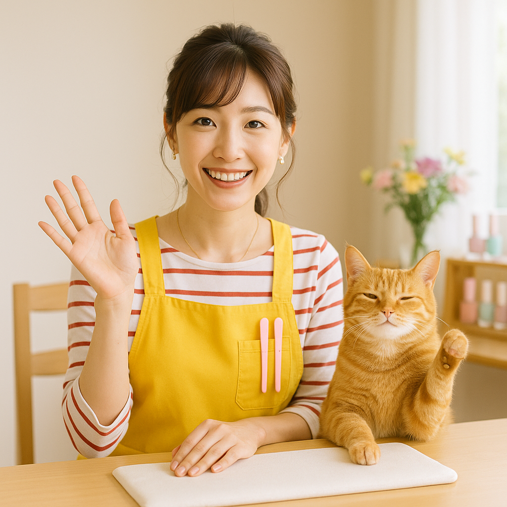 笑顔でこちらを見るみさきと猫のあんず