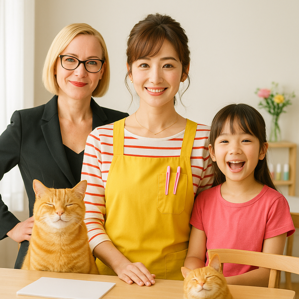 みさき、涼子先輩、娘のひなた、猫のあんず