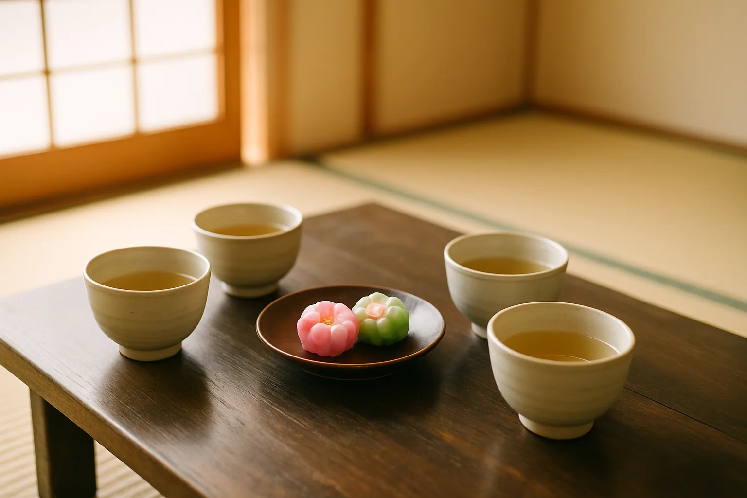 座卓に並んだ湯呑み