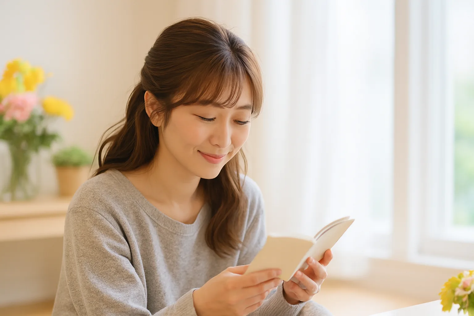 夜、部屋でメモを見返しているみさき