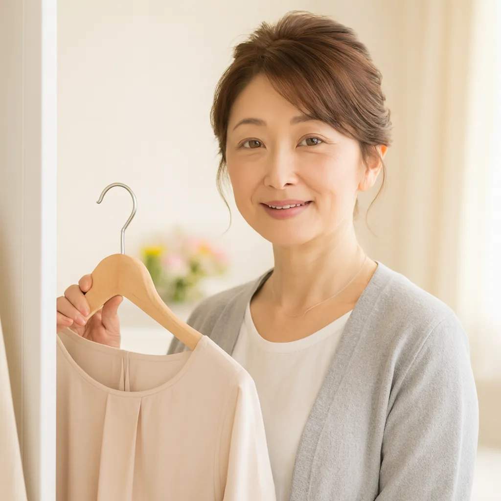 ハンガーにかけた服を見ながら話す母