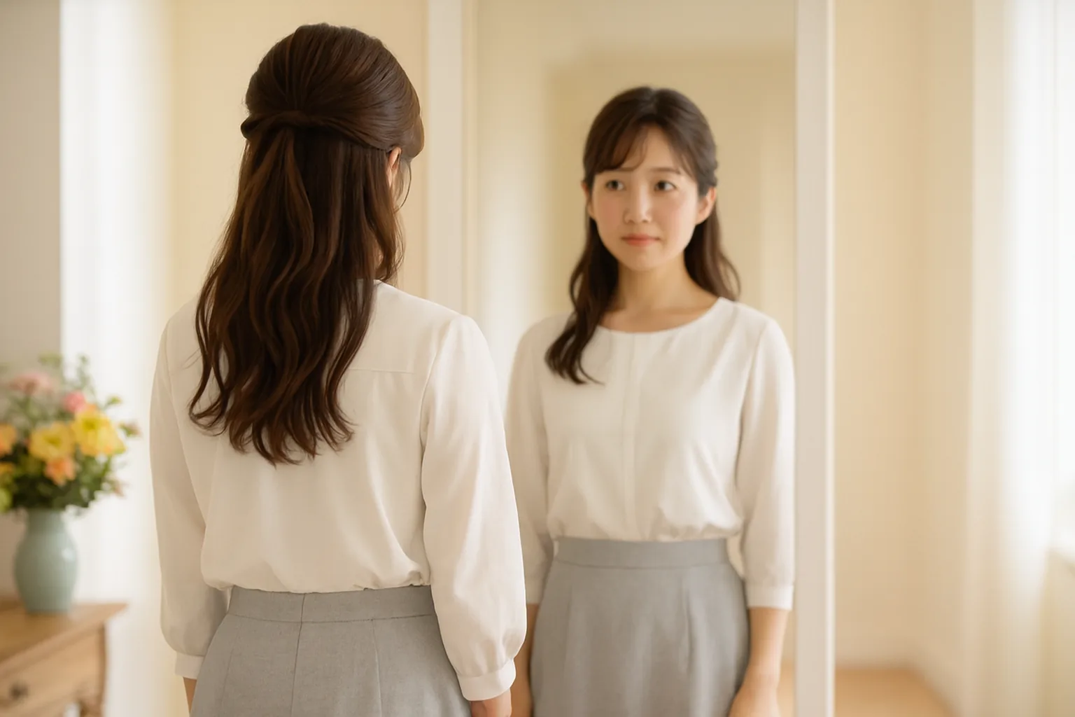 鏡の前で身支度を終えたみさき
