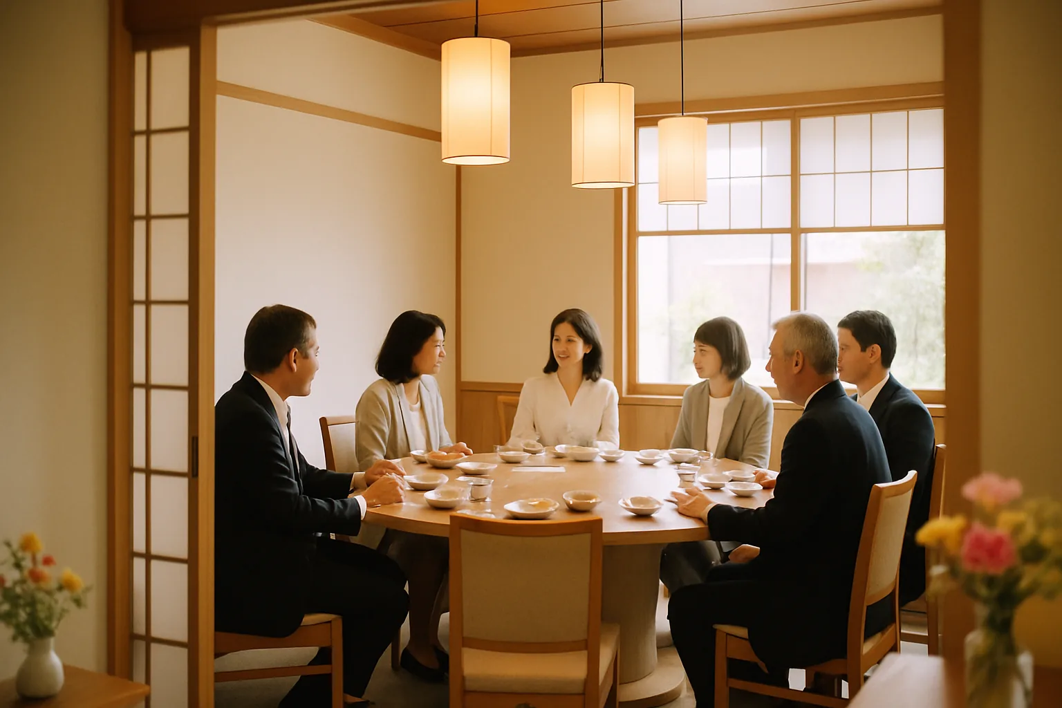 食事を終えた両家が並んでいる場面