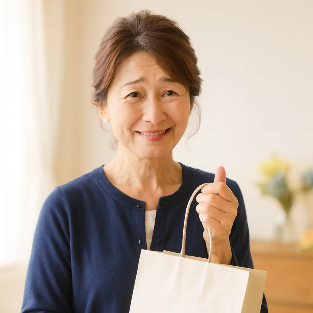 紙袋を手にしながら話す母