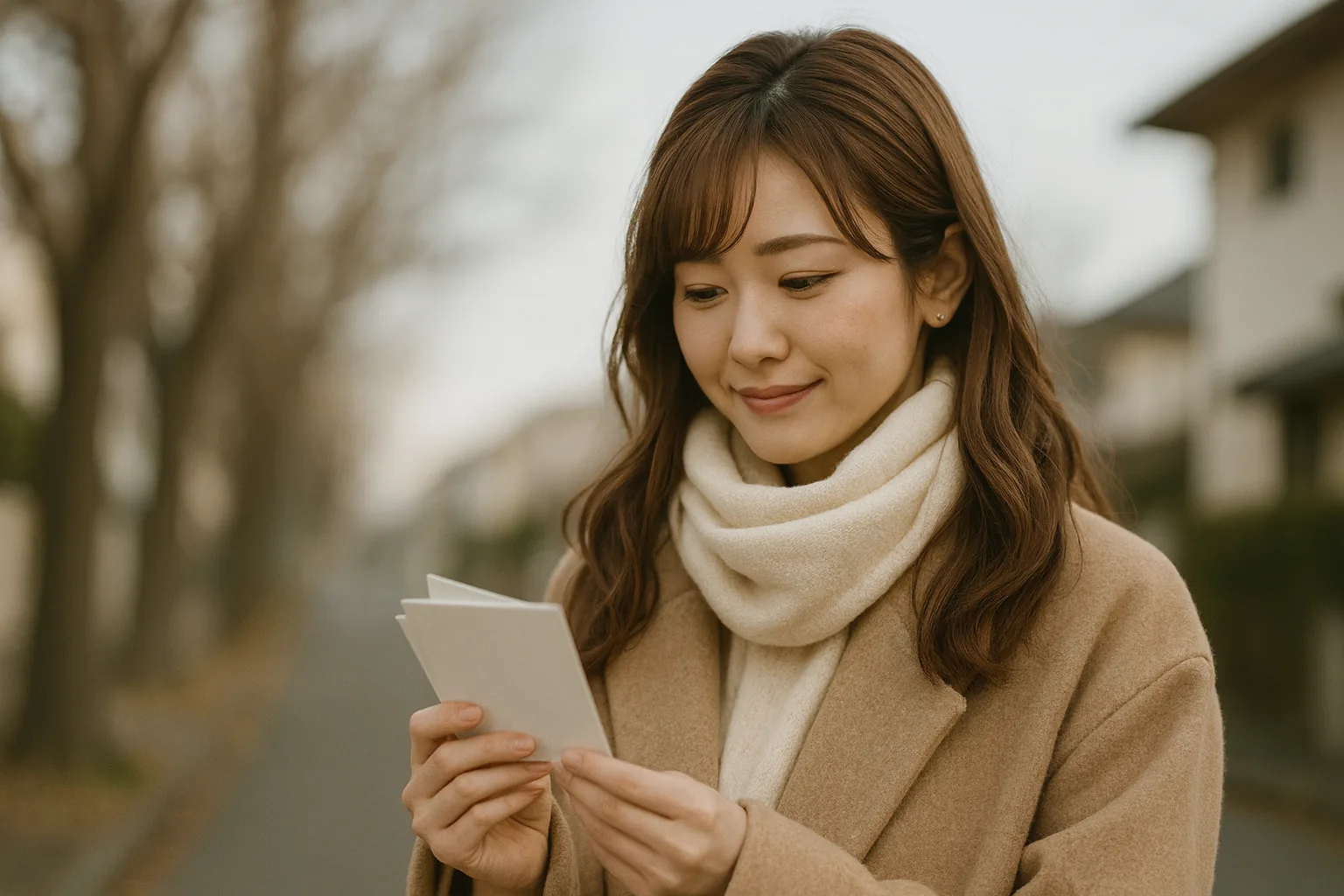 冬の午後、はがきの束を持って歩くみさき
