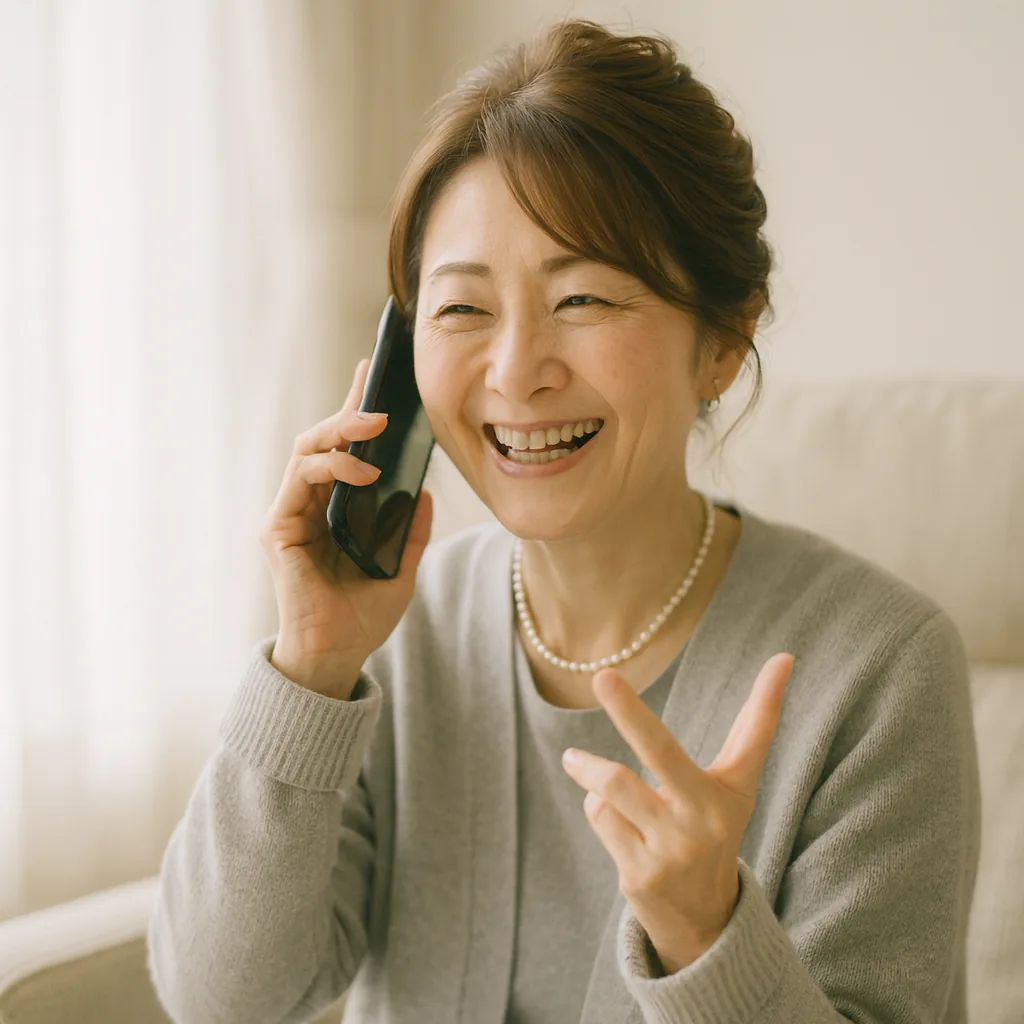 居間で電話に出て話す母