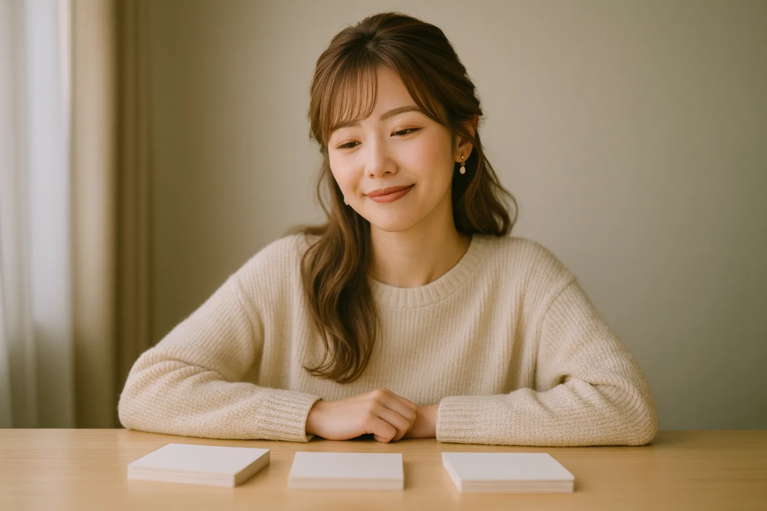 リストを前に、テーブルで少し笑うみさき