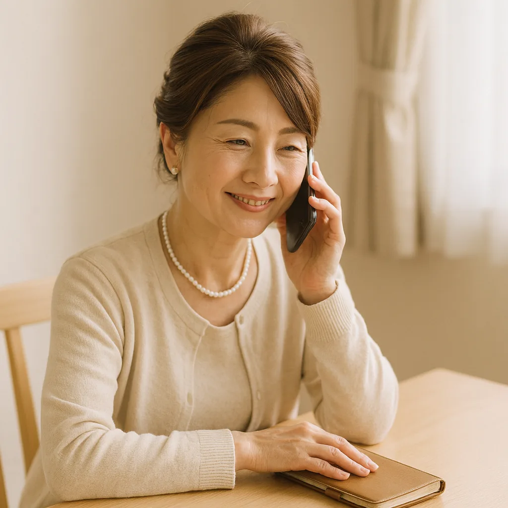 電話を耳にあてて、住所録の話をする母