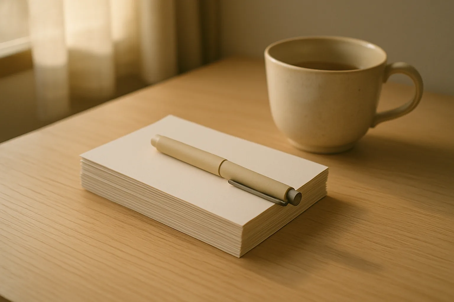 書き終えたはがきの束と、置かれたペンと湯のみ
