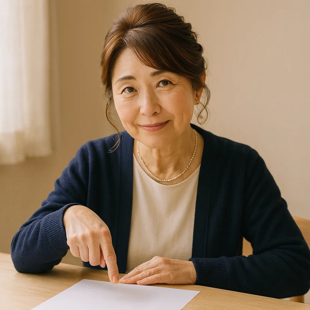 テーブルの紙を指さしながら話す母