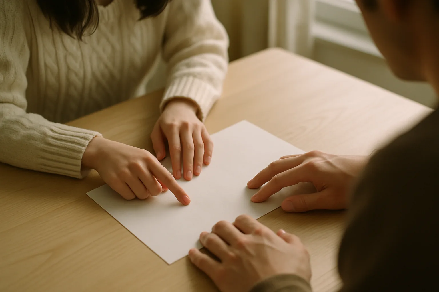 ふたりの手が書類を指でなぞりながら確認している