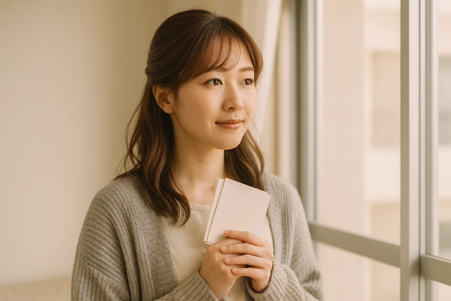 新しい部屋の窓辺で、はがきを手にするみさき