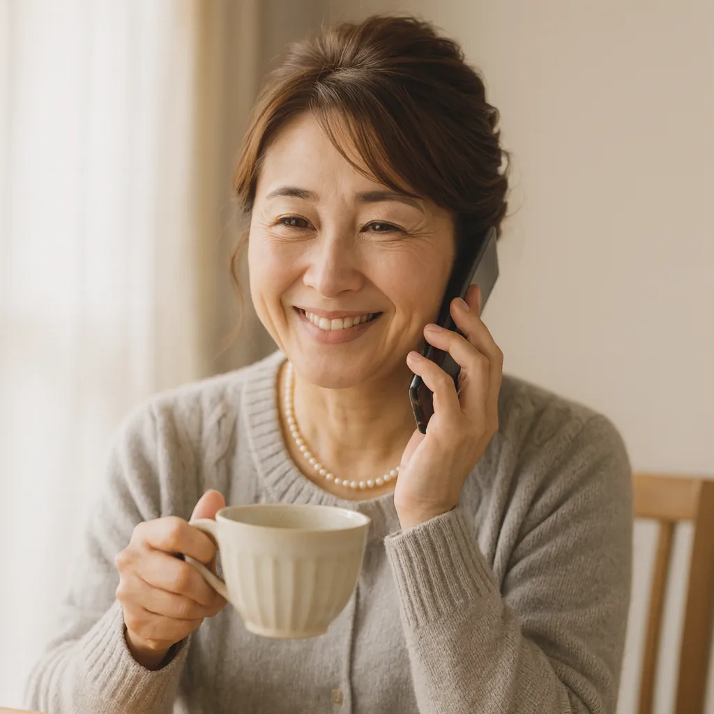 湯のみを手に、電話で話す母