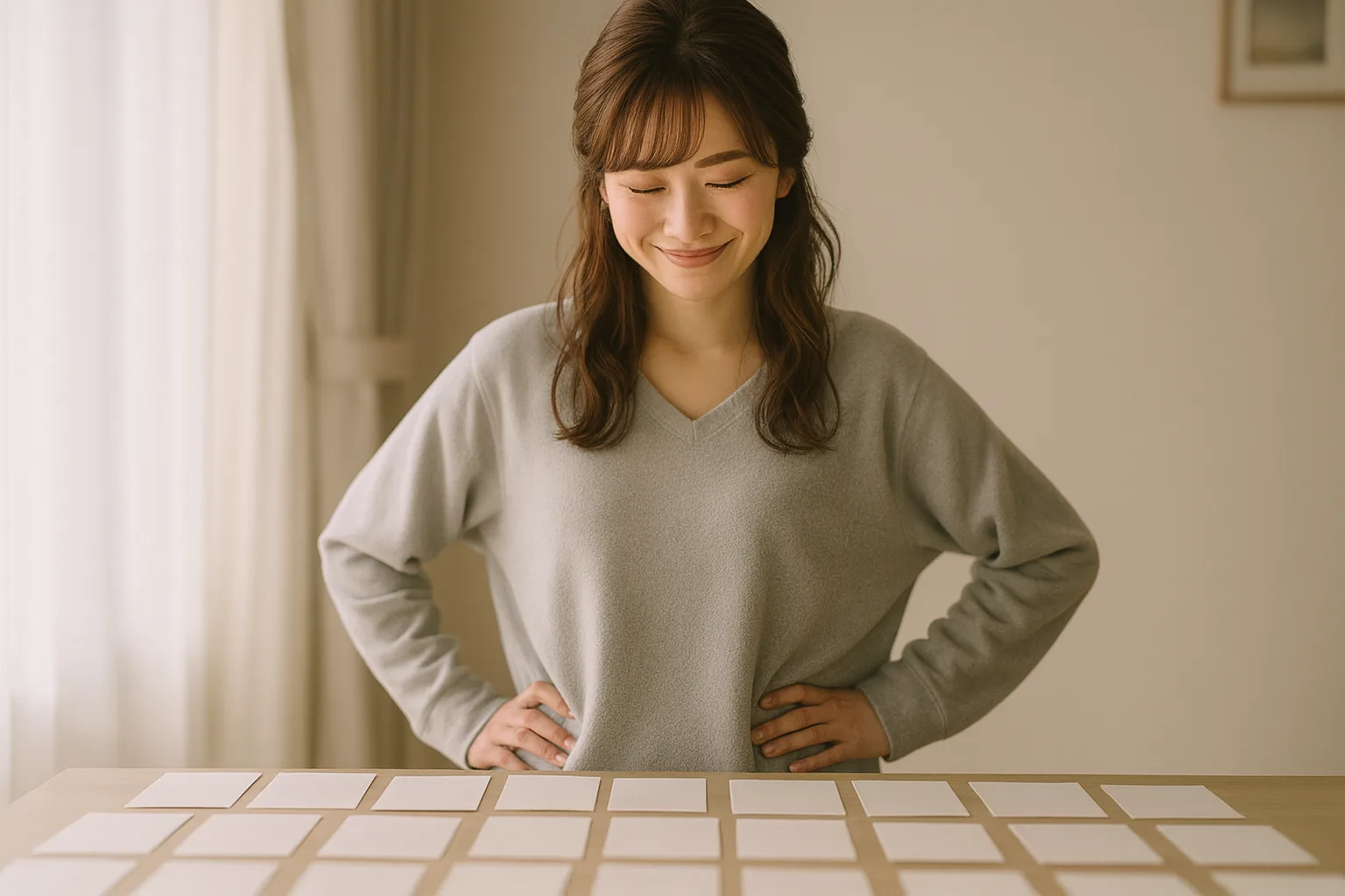 並べたはがきを前に、ほっとした顔のみさき