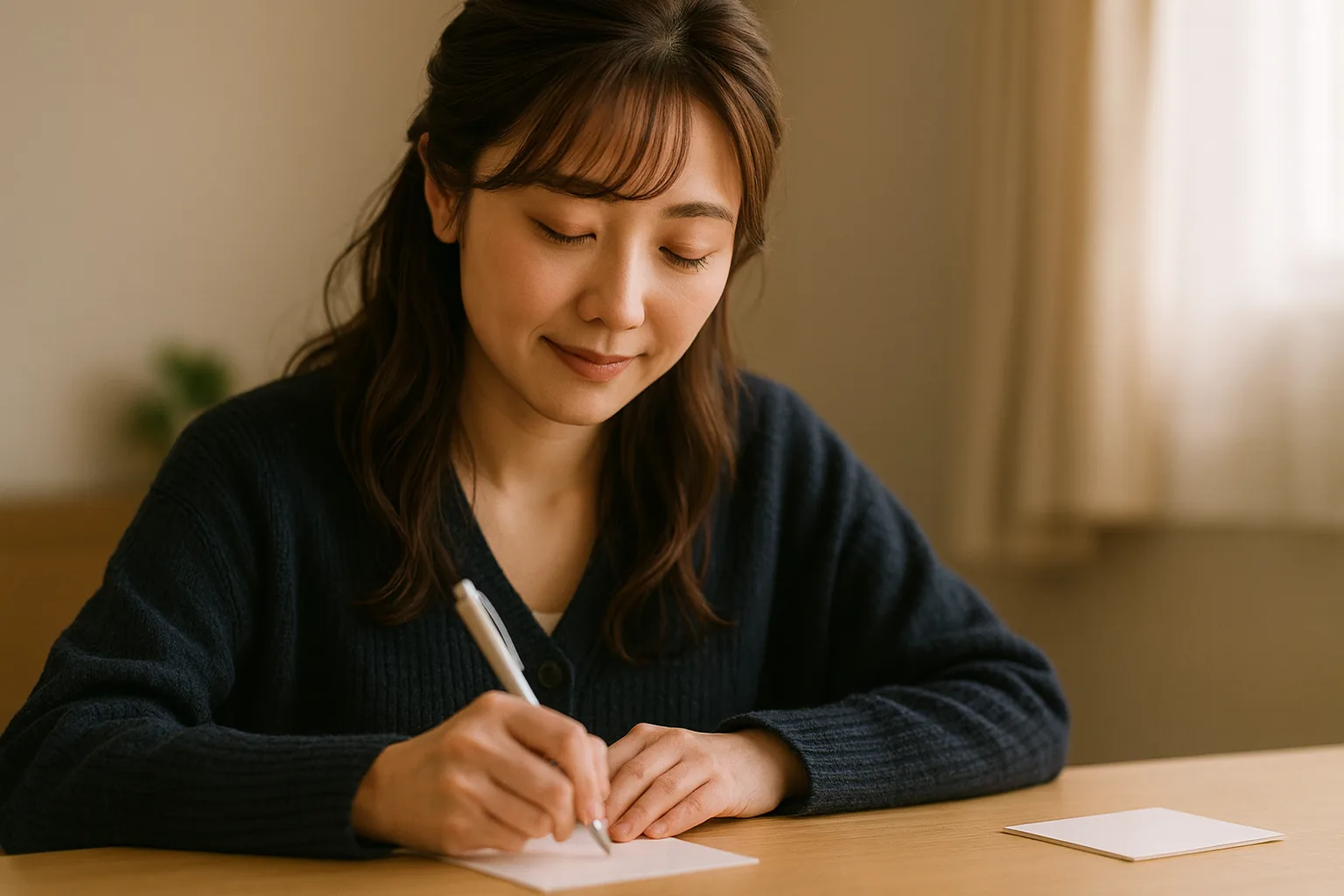 テーブルで、いつもどおりはがきを書き始めるみさき