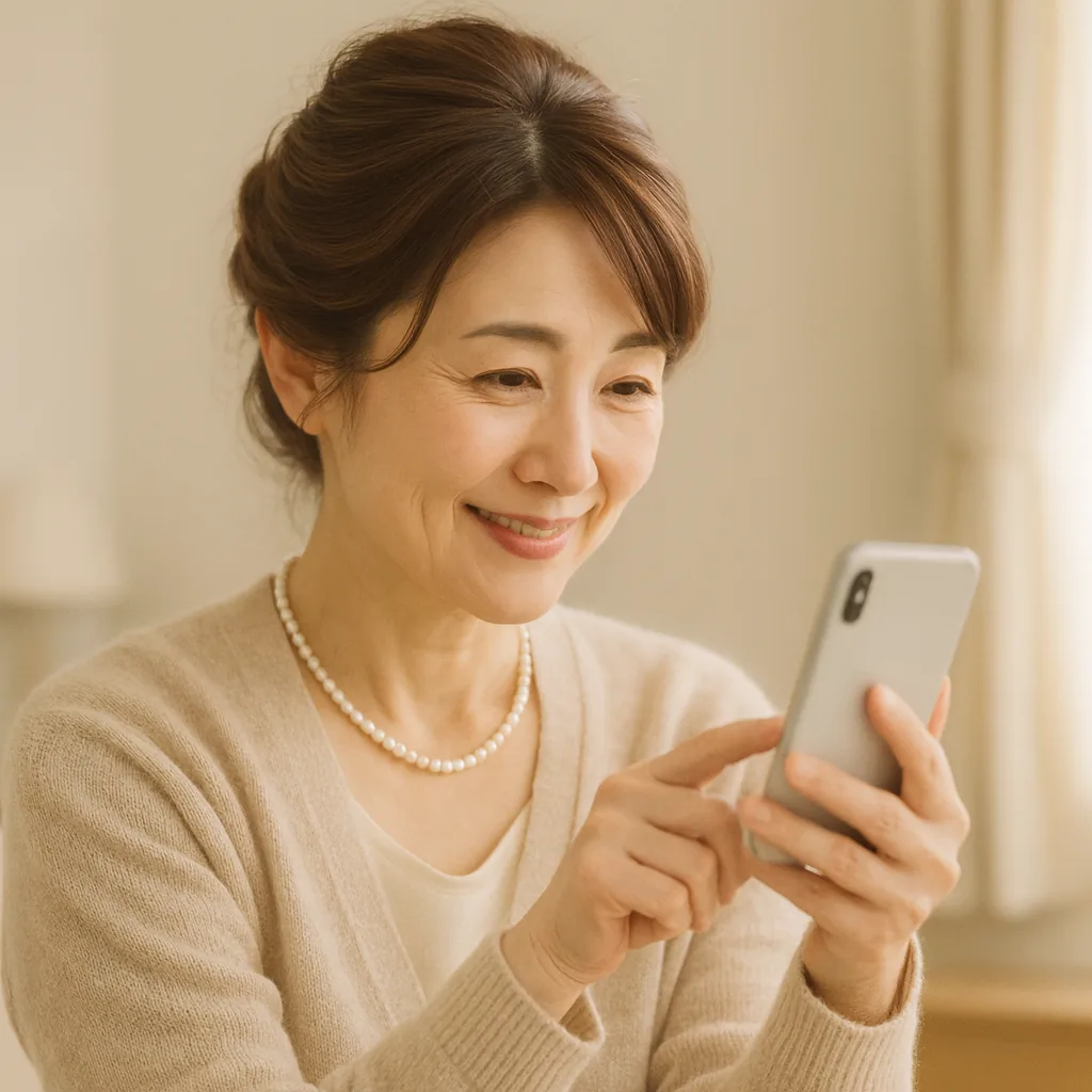 スマートフォンを手に、電話で話す母