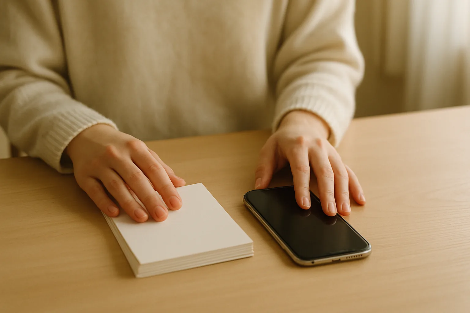 はがきの山とスマートフォンを分けて並べる手元