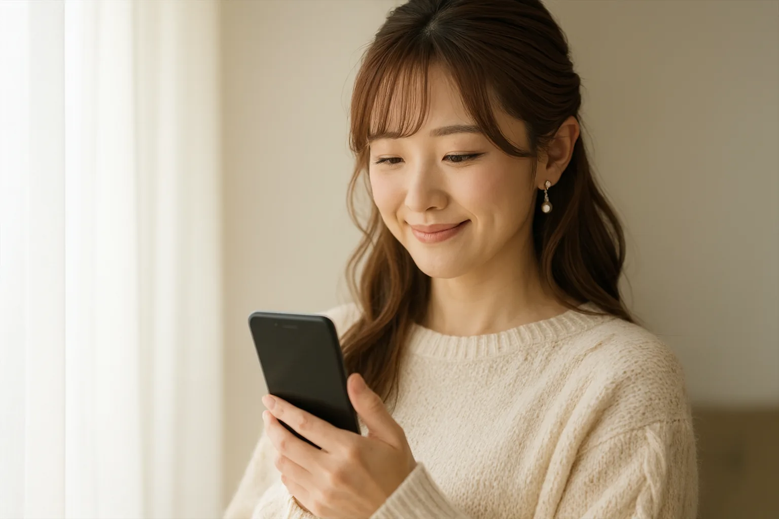 元日の朝、窓辺でスマートフォンを手にするみさき