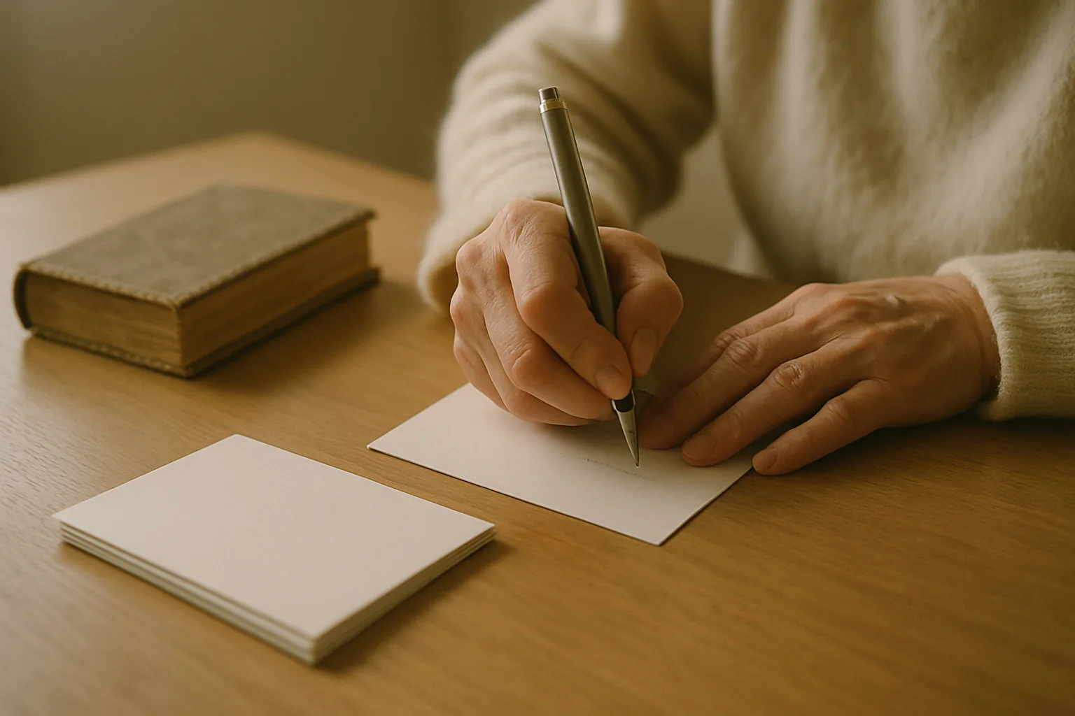 はがきにペンで書き足している母の手元