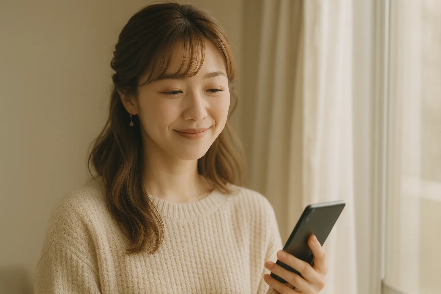 電話を終えて、窓辺で小さく笑うみさき