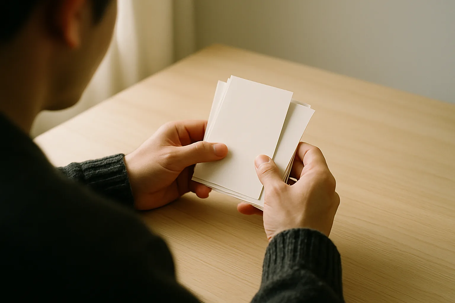 去年のはがきの束を数えている夫の手元
