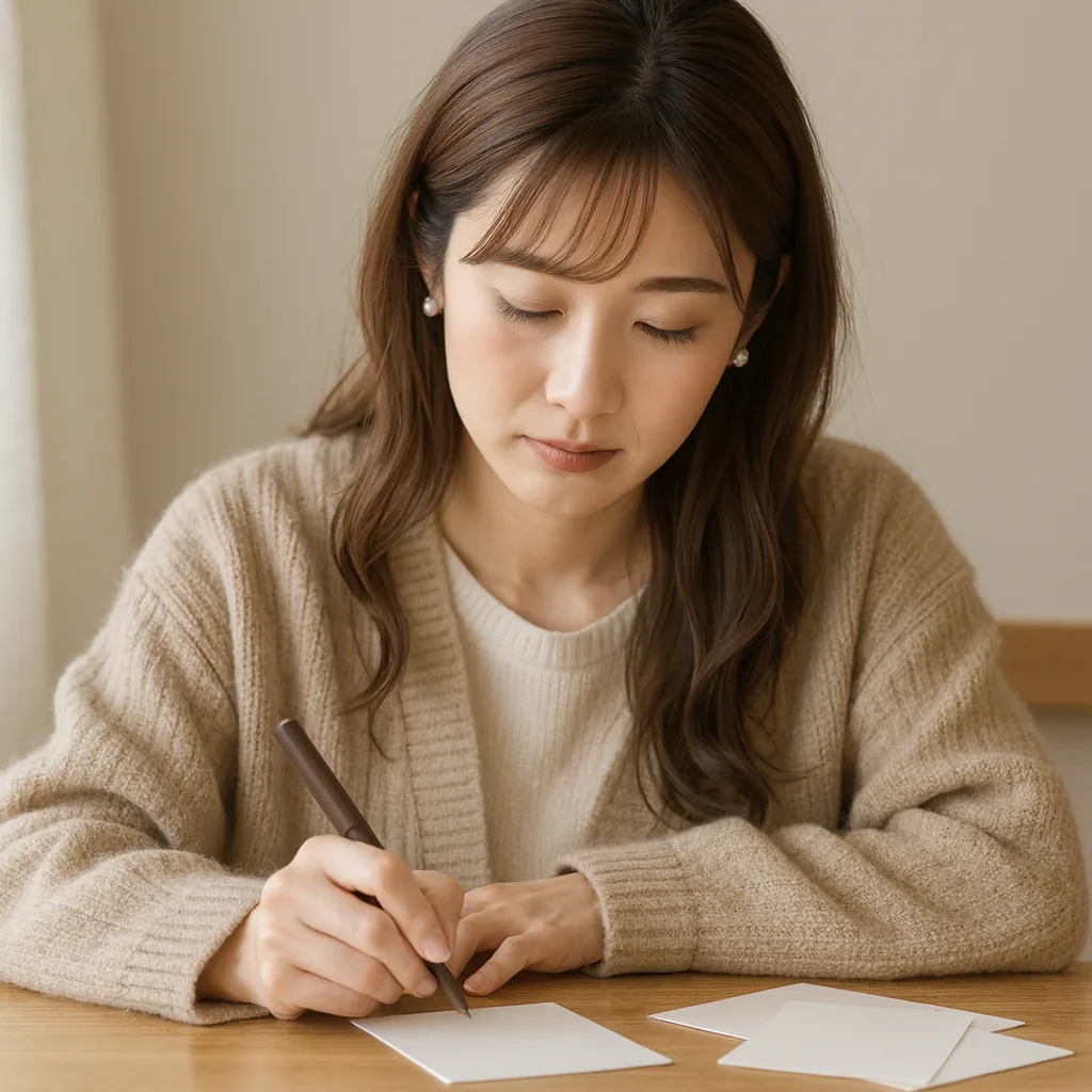 テーブルでひとり、はがきに向かうみさき