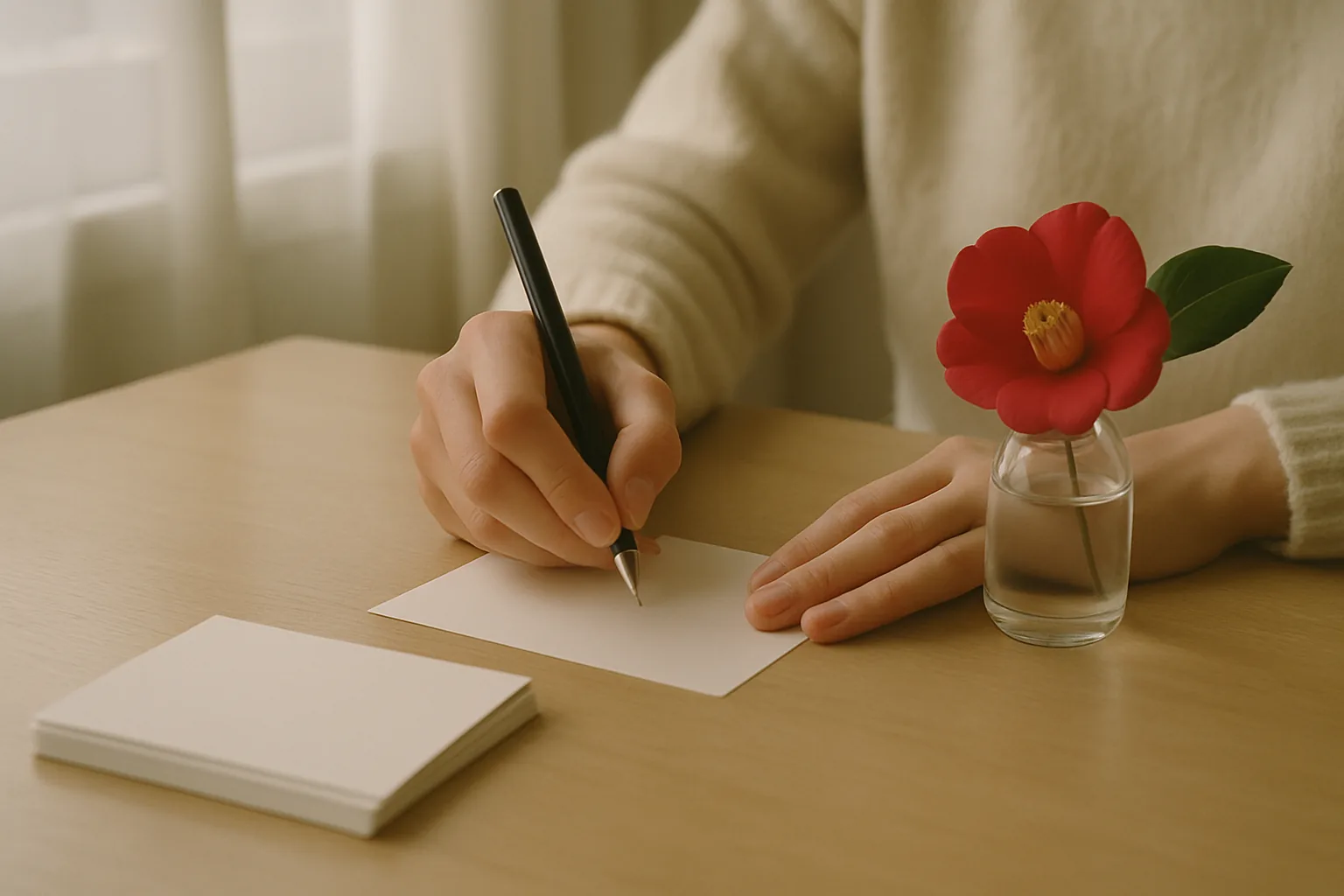 白いはがきに手書きしている手元と、椿の花