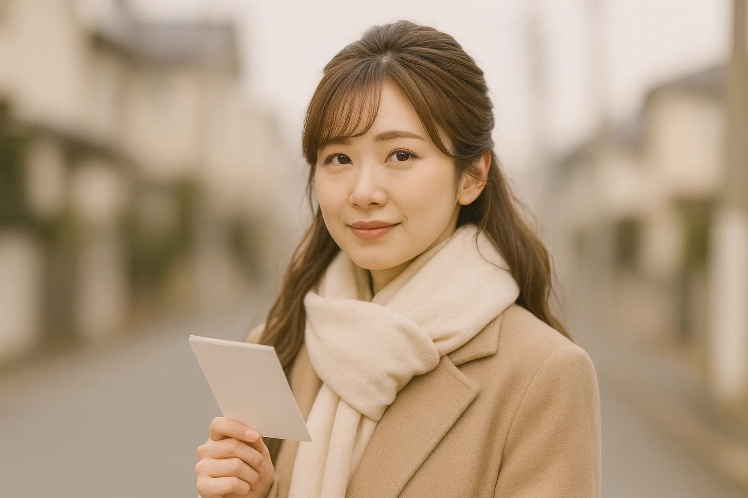 冬の夕方、はがきを一枚手にして歩くみさき