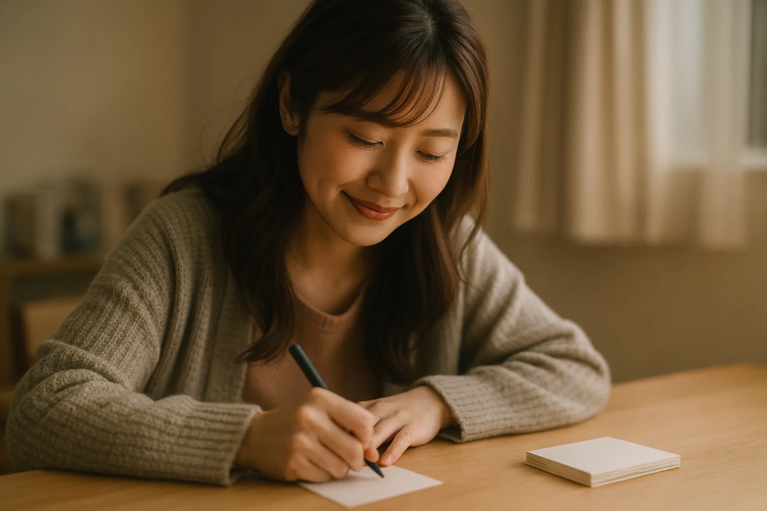 夜のテーブルで、最後の一枚を書き終えるみさき
